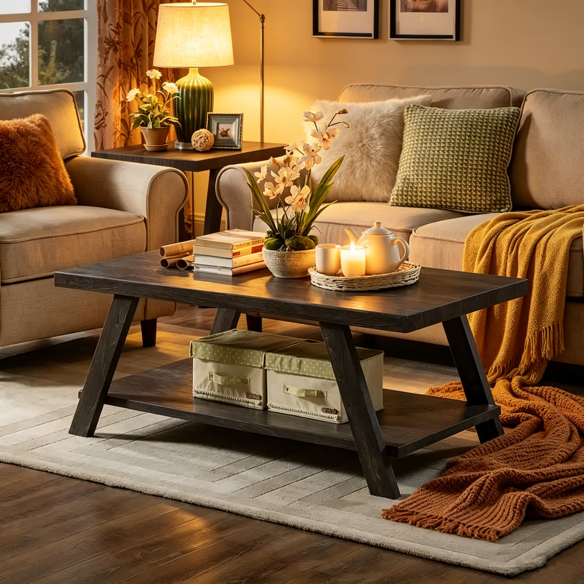 Table basse contemporaine en bois avec étagère