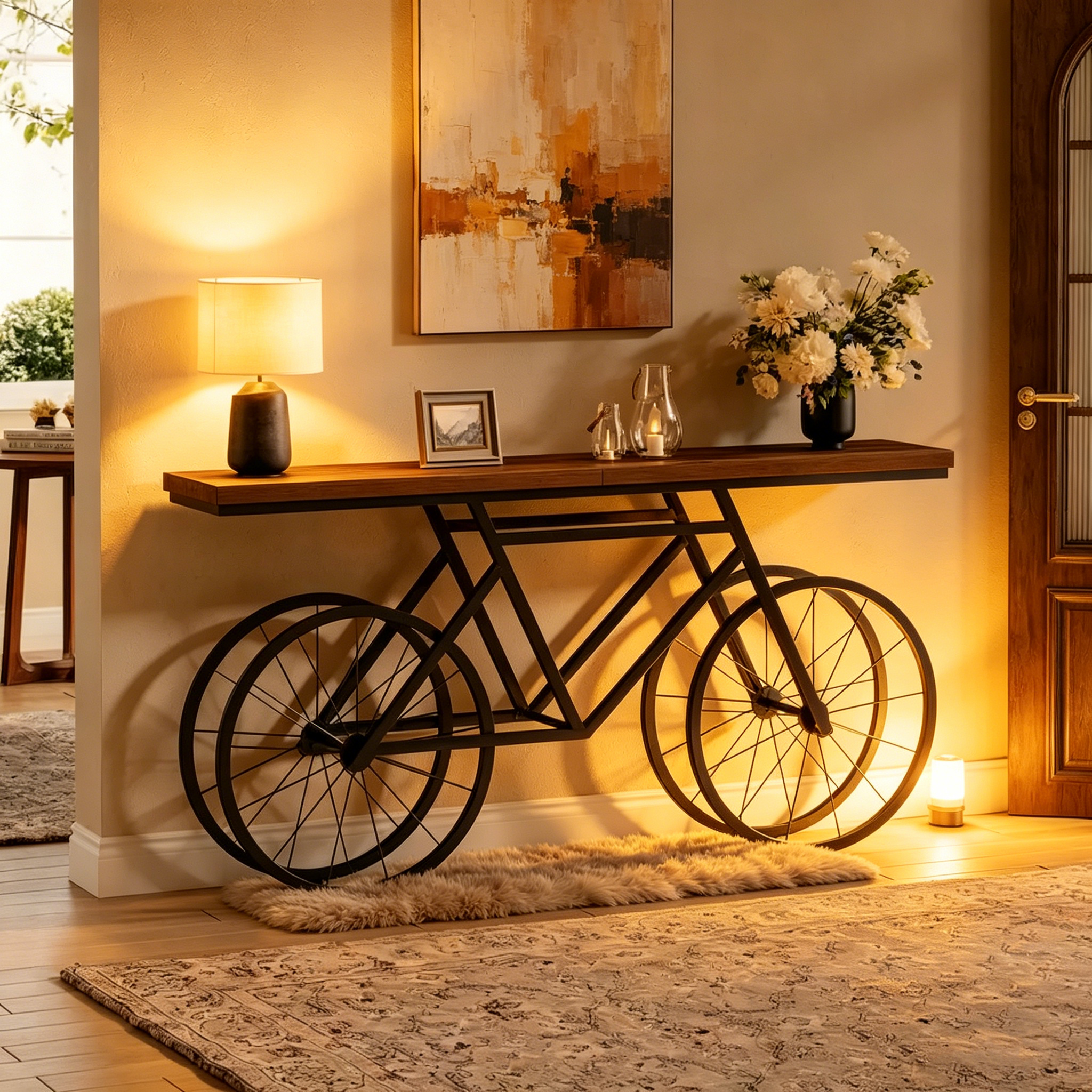 Console extra longue de 180 cm avec base en métal de vélo pour entrée, salon - 30P x 180L x 85H cm