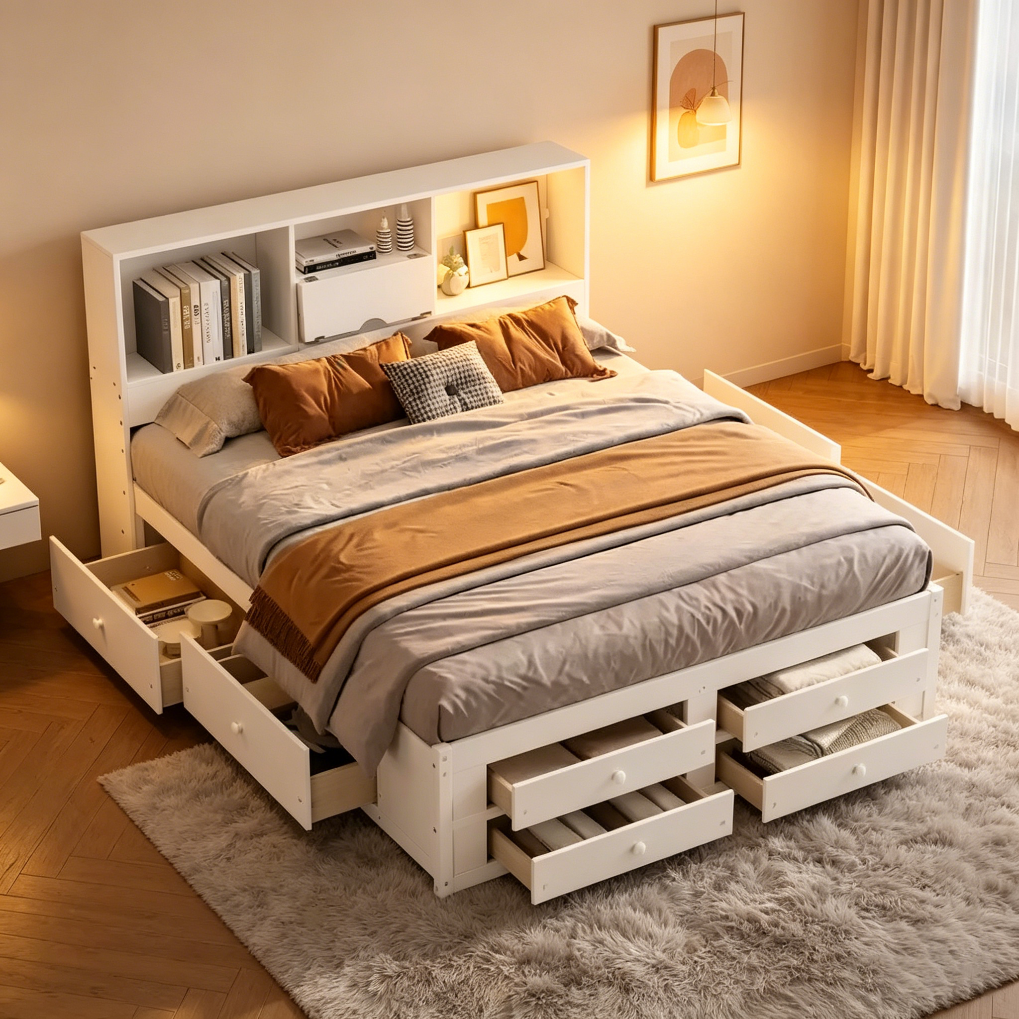 Lit plateforme King Size avec étagère de rangement et 8 tiroirs
