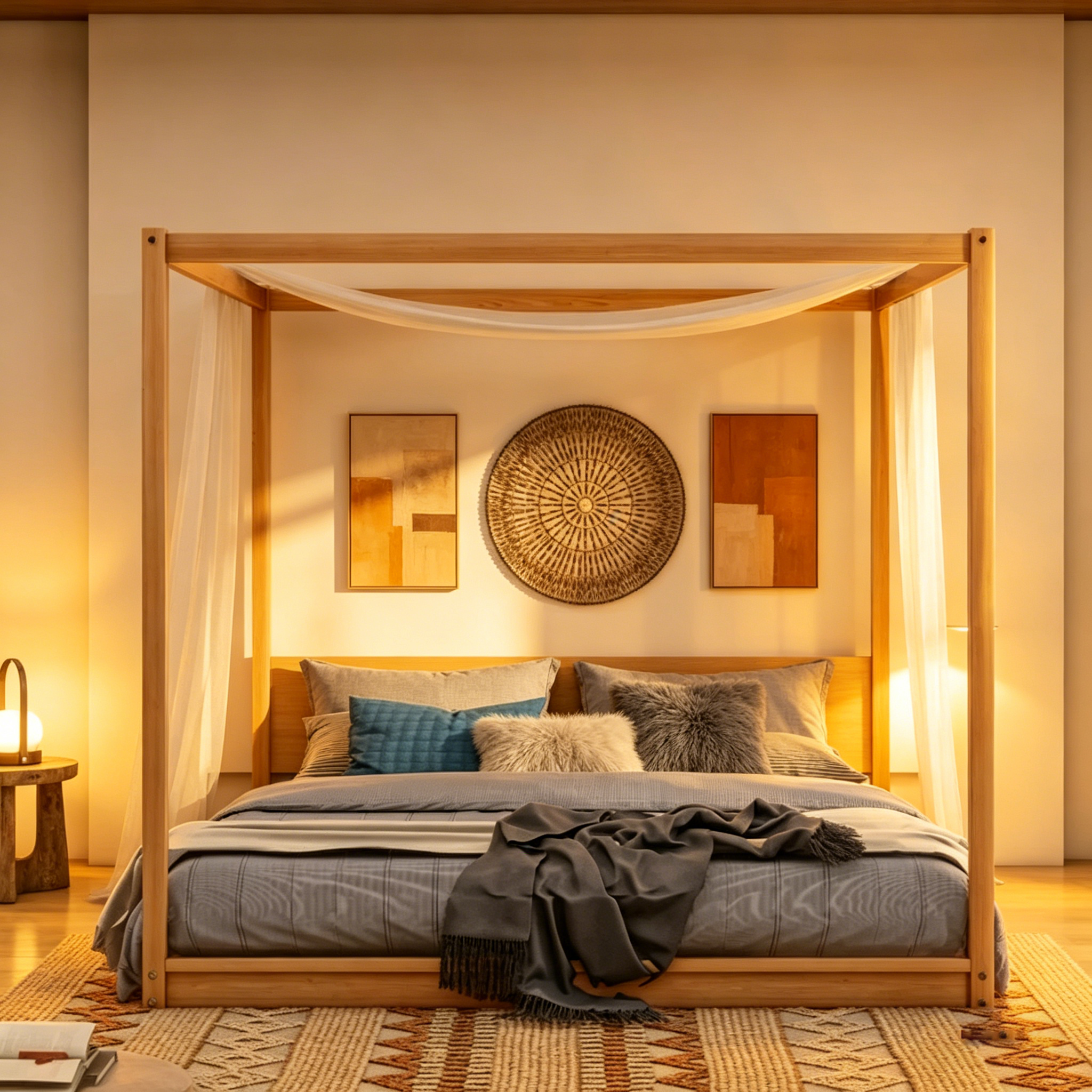 Lit plateforme baldaquin King size avec pieds de support