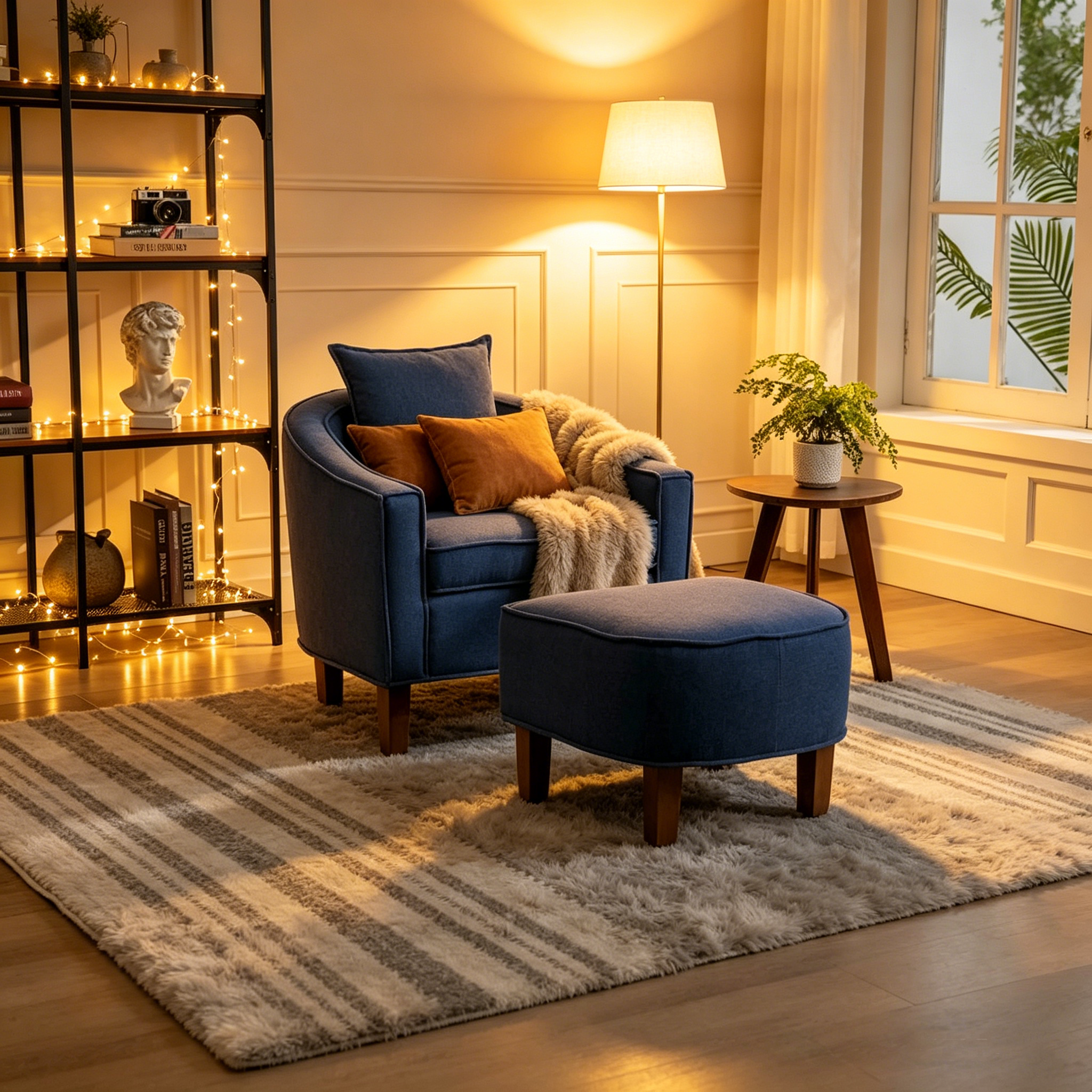 Fauteuil club mi-siècle en lin/polyester avec ottoman