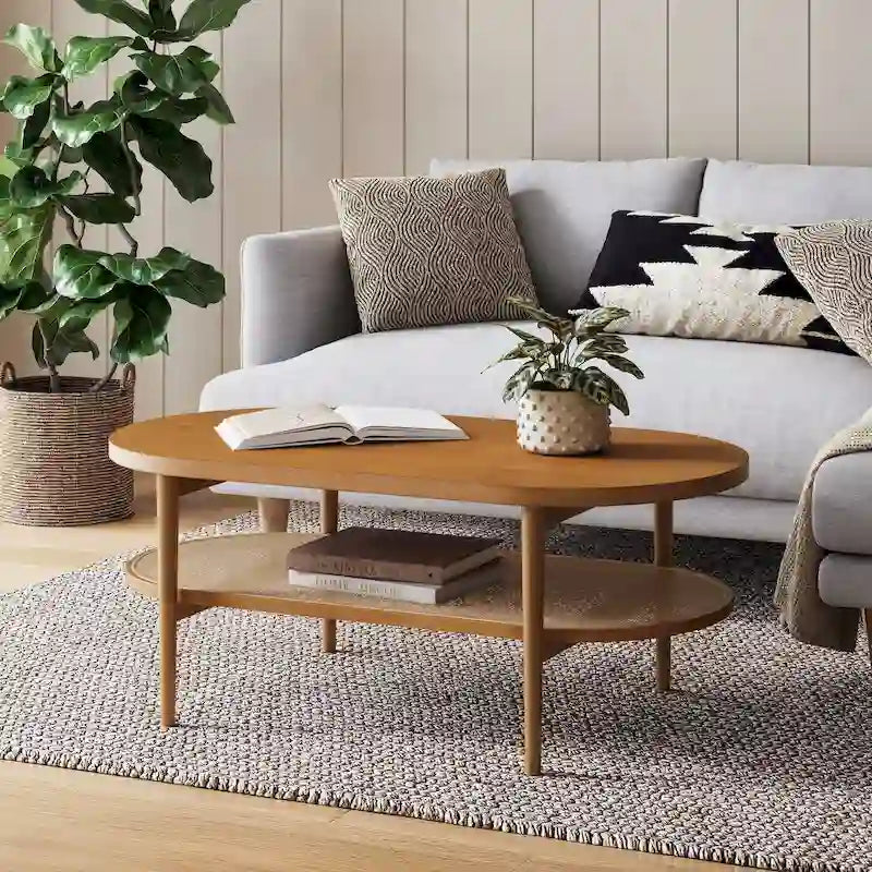 Table basse ovale en rotin double couche de style bohème