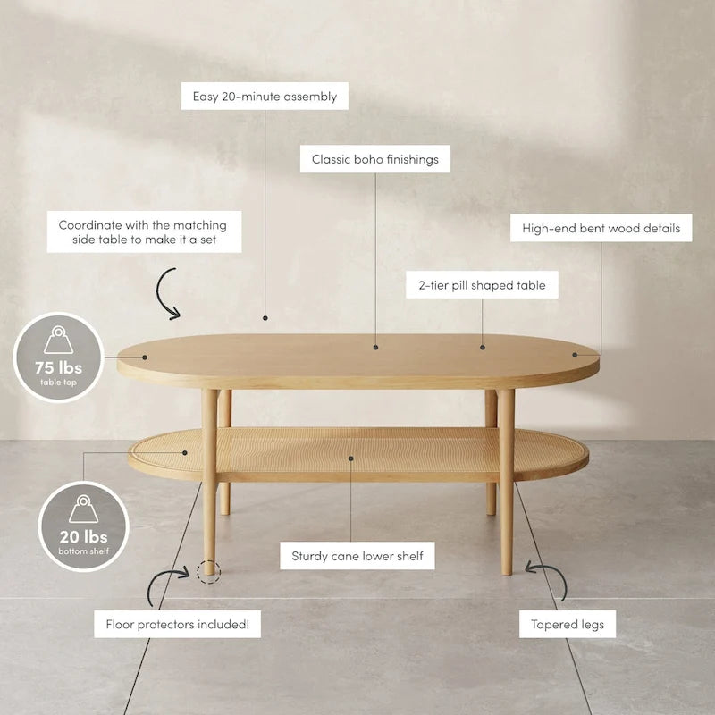 Table basse ovale en rotin double couche de style bohème