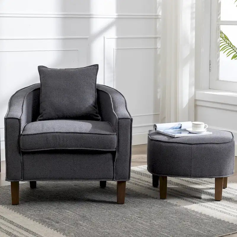 Fauteuil club mi-siècle en lin/polyester avec ottoman