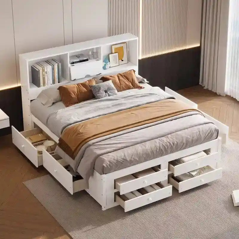 Lit plateforme King Size avec étagère de rangement et 8 tiroirs